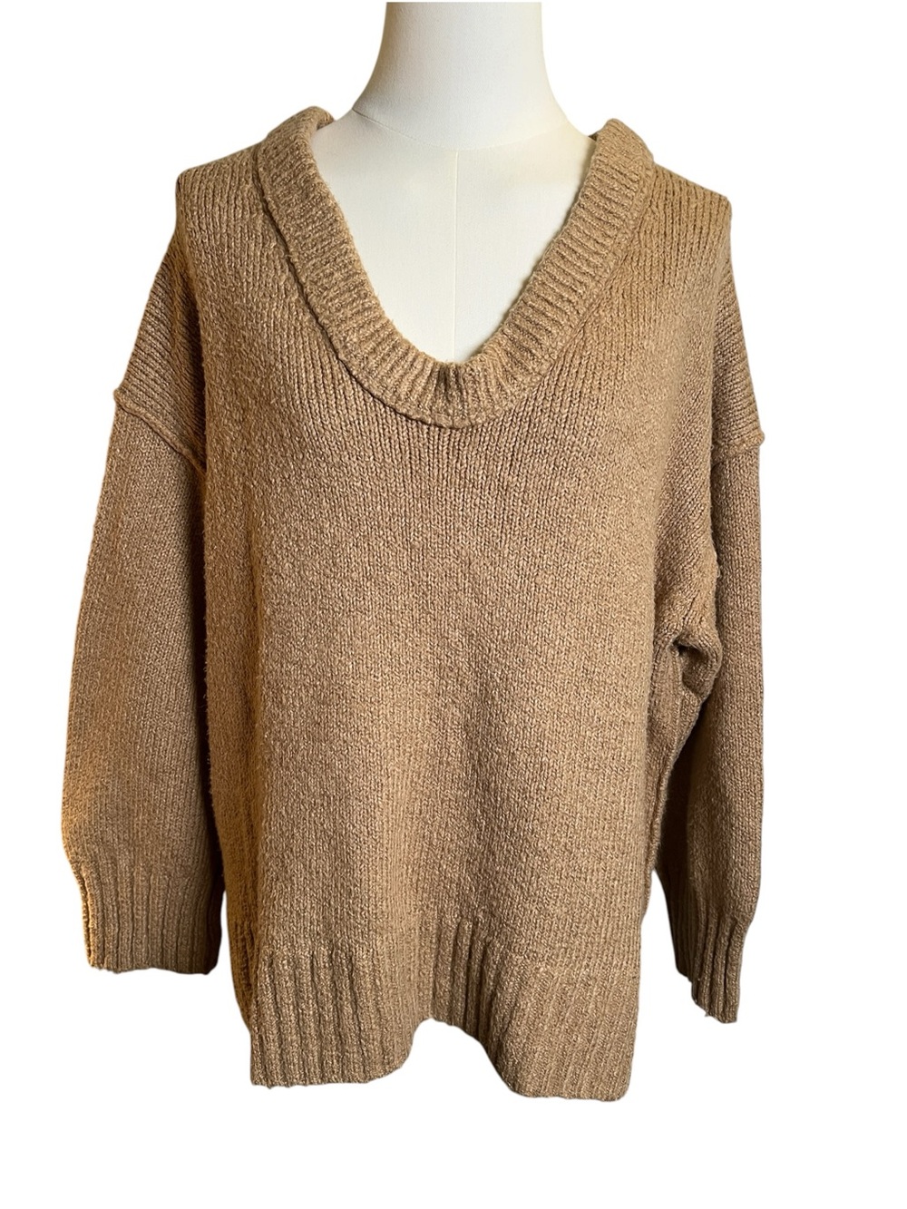 Free People Sweater Tan Oversized Inside Out Hem Knit Sweater Size Small